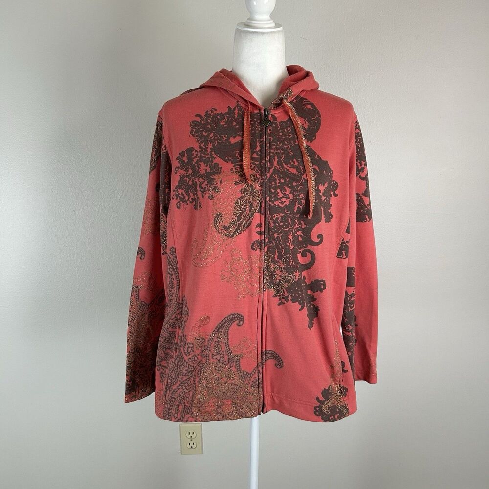 Three Hearts 1X Hoodie Y2K Paisley Glitter Full Zip Lounge Pink Sweatshirt